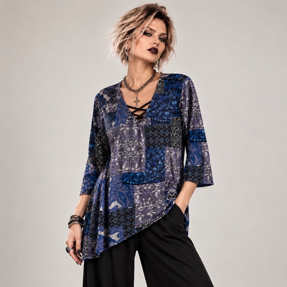 Chico's Velvet Burnout Tunic Top Blue Black Criss Cross Neck Large Goth